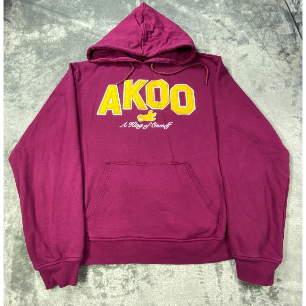 AKOO Brand Hoodie Mens 2XL Burgundy Yellow Knit Spellout Y2K Streetwear Pullover